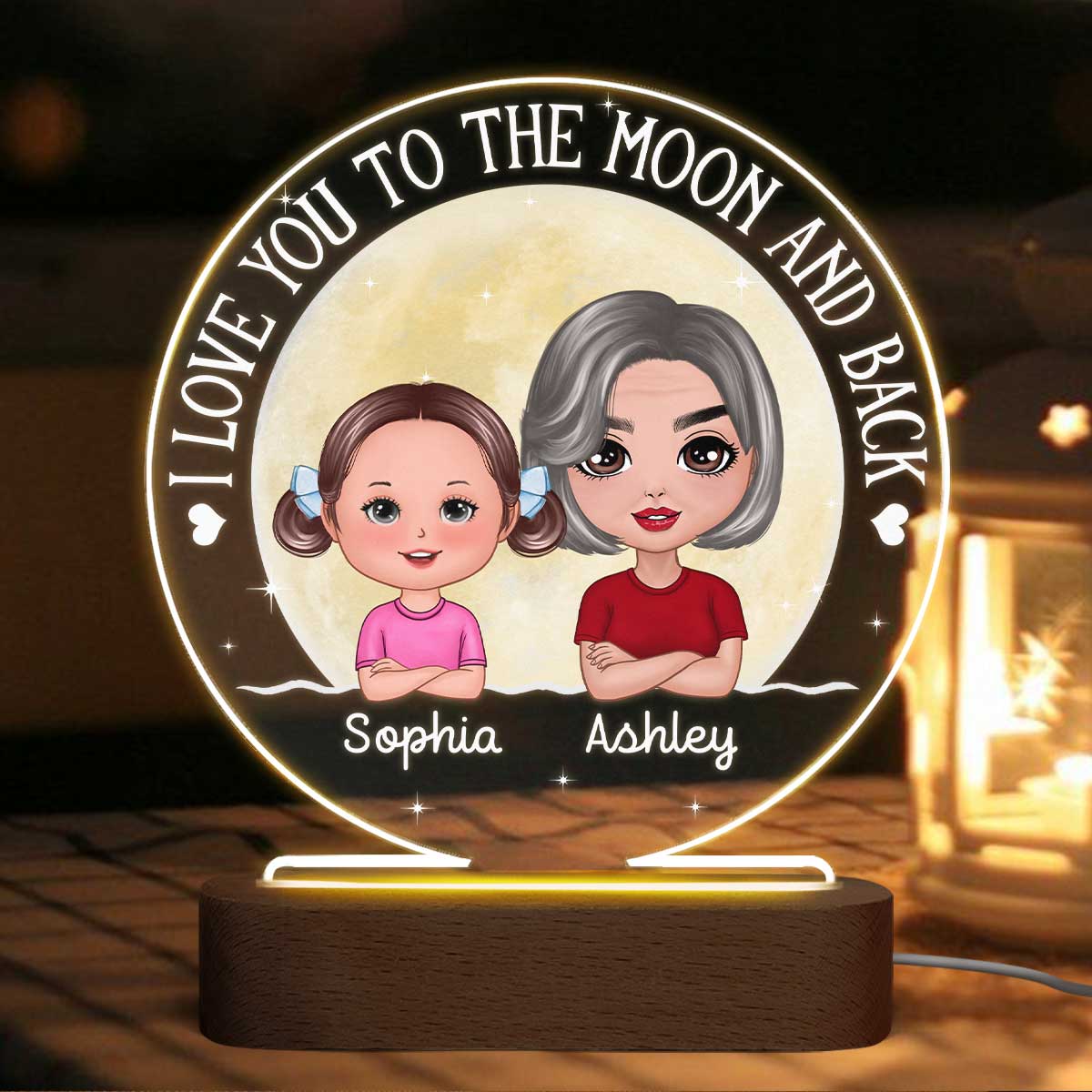 Grandma & Grandkids Love To The Moon Personalized Circle Acrylic Plaque With LED Night Light - Image 3