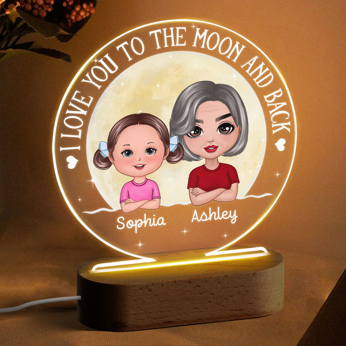 Grandma & Grandkids Love To The Moon Personalized Circle Acrylic Plaque With LED Night Light - Image 4