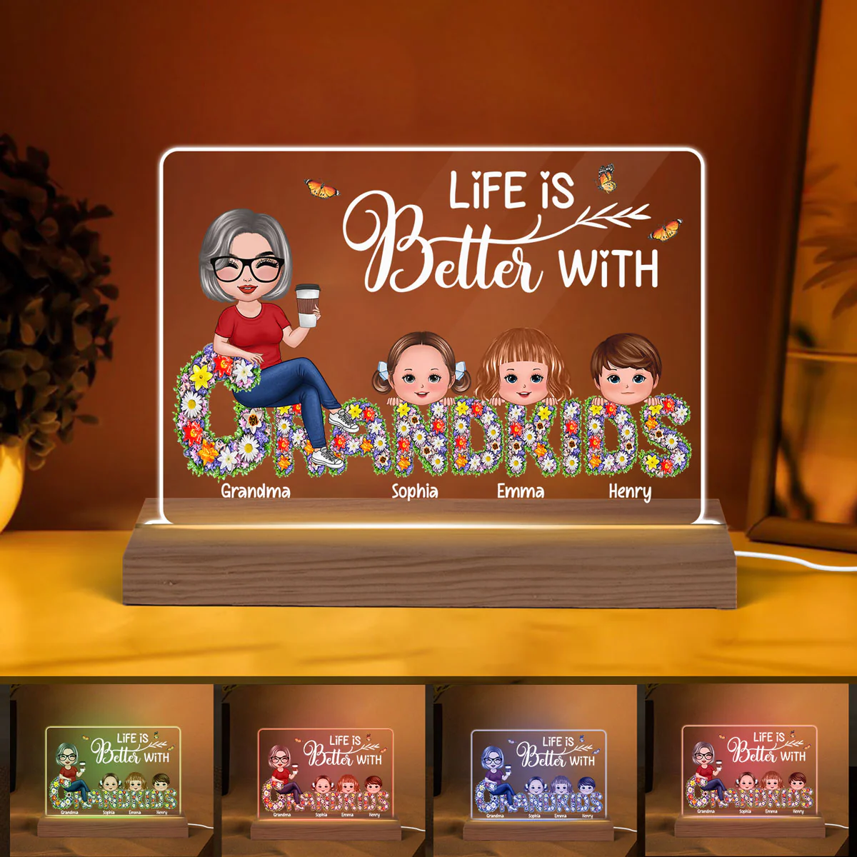 Grandma Grandkids On Floral Words Personalized Acrylic Custom Shape LED Night Light