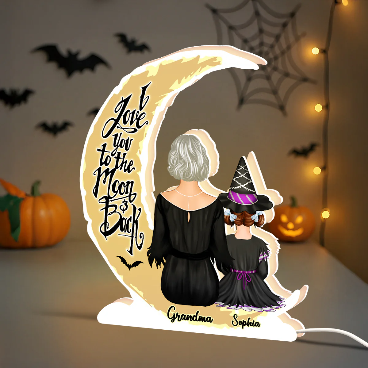 Grandma Grandkids On Moon Back View Halloween Personalized Light Box, Halloween Indoor Decor for Grandma - Image 3