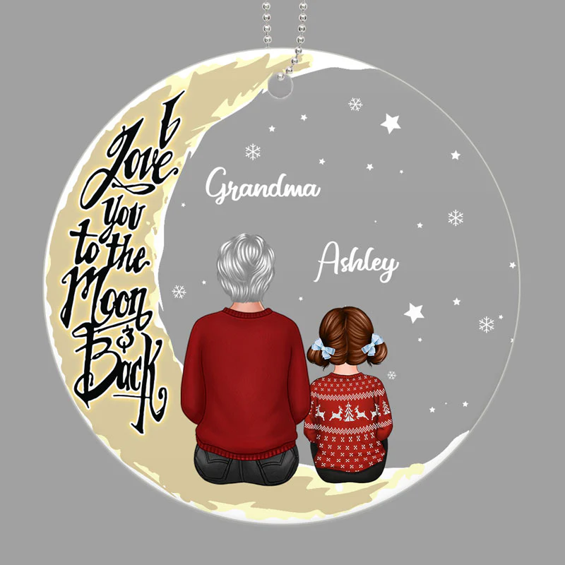 Grandma & Grandkids On Moon Back View Personalized Acrylic Ornament - Image 2