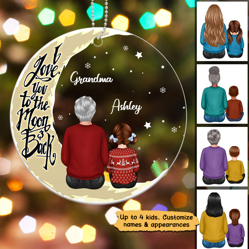 Grandma & Grandkids On Moon Back View Personalized Acrylic Ornament - Image 3