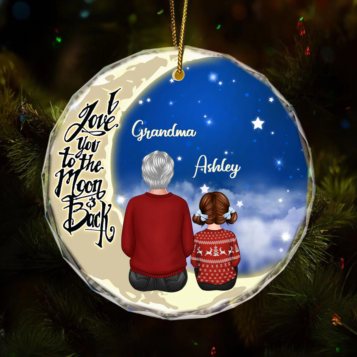 Grandma Grandkids On Moon Personalized Glass Ornament, Christmas Gift for Grandkids, Granddaughter Grandson, Gift for Grandma - Image 2
