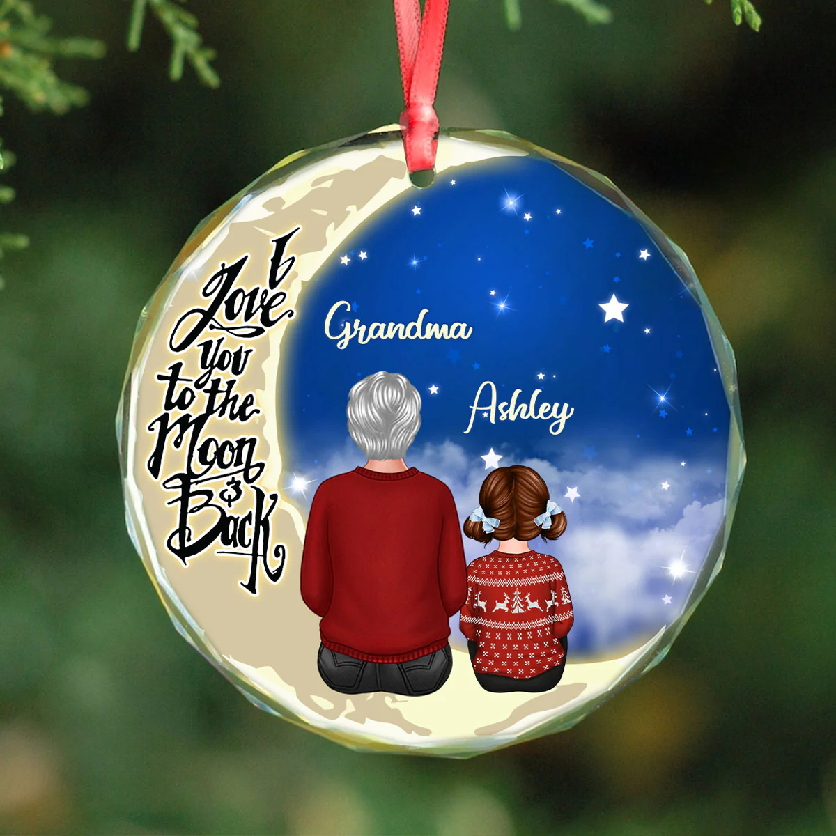 Grandma Grandkids On Moon Personalized Glass Ornament, Christmas Gift for Grandkids, Granddaughter Grandson, Gift for Grandma - Image 3