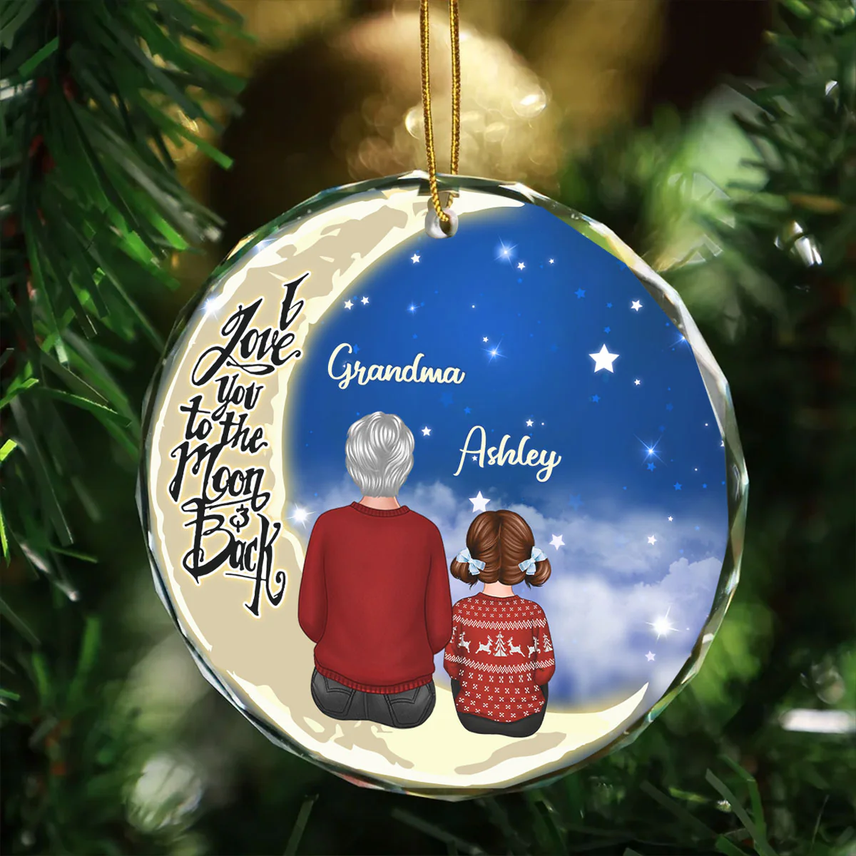 Grandma Grandkids On Moon Personalized Glass Ornament, Christmas Gift for Grandkids, Granddaughter Grandson, Gift for Grandma - Image 4
