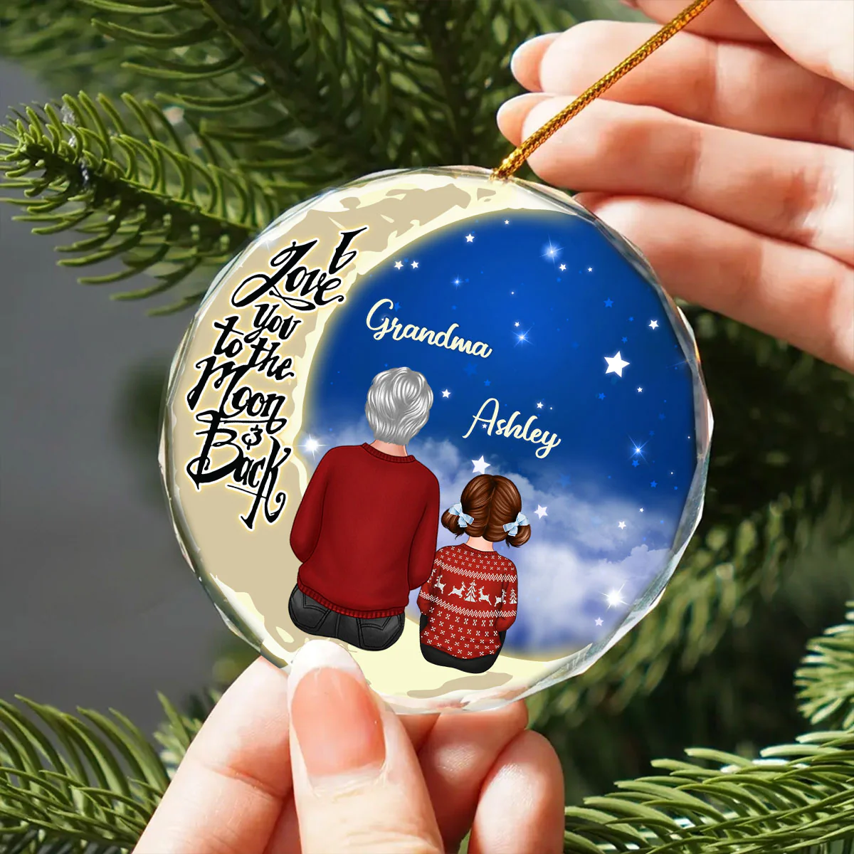 Grandma Grandkids On Moon Personalized Glass Ornament, Christmas Gift for Grandkids, Granddaughter Grandson, Gift for Grandma - Image 5
