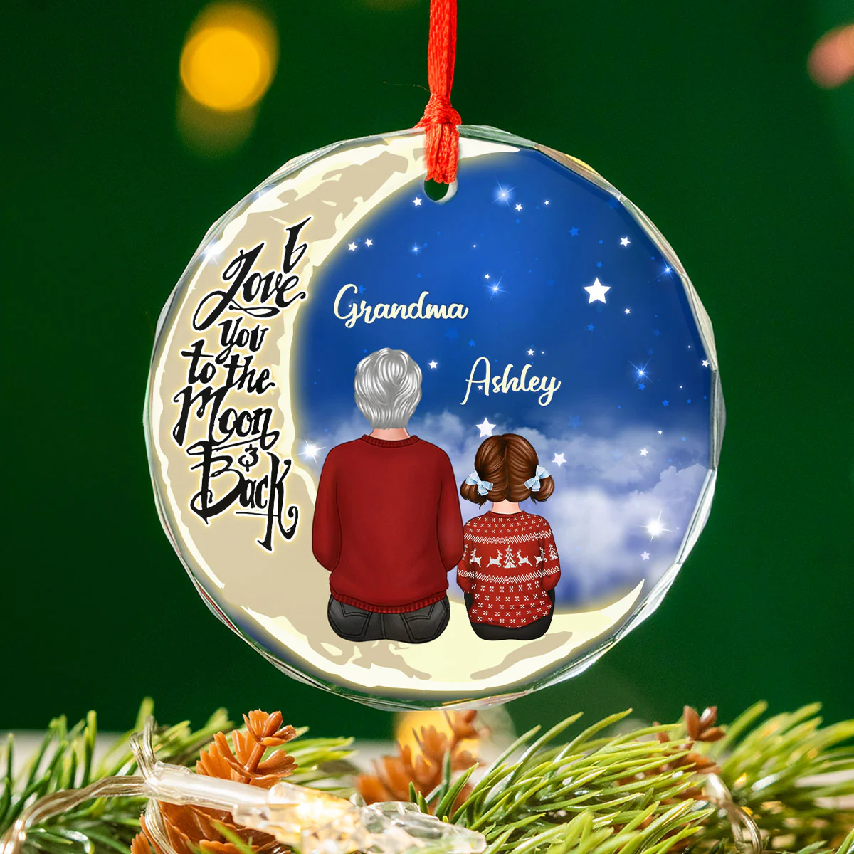 Grandma Grandkids On Moon Personalized Glass Ornament, Christmas Gift for Grandkids, Granddaughter Grandson, Gift for Grandma - Image 6