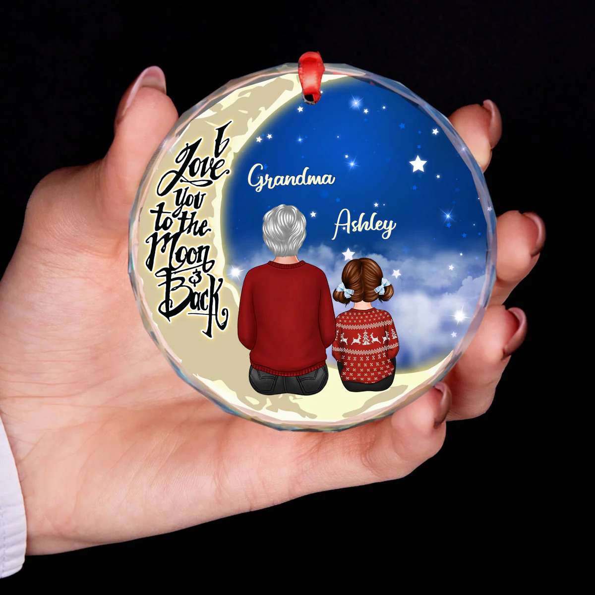 Grandma Grandkids On Moon Personalized Glass Ornament, Christmas Gift for Grandkids, Granddaughter Grandson, Gift for Grandma - Image 9
