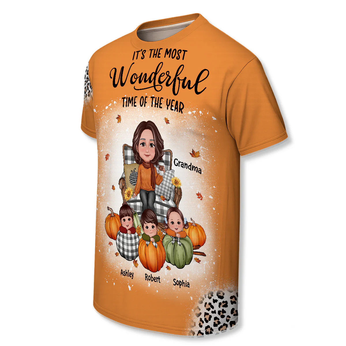 Grandma & Grandkids On Pumpkins Fall Season Theme With Leopard Pattern Personalized Shirt - Image 6