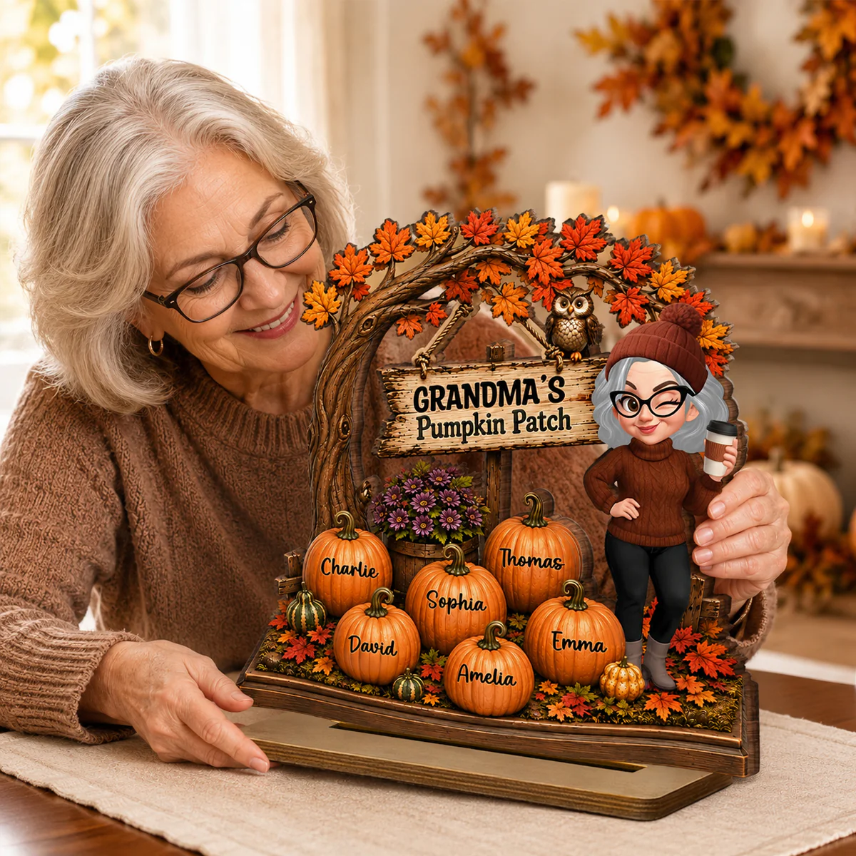 Grandma Grandkids Pumpkin Patch - Personalized 2-Layered Wooden Plaque - Fall Season Decor Gift, Gift For Grandma - Image 3