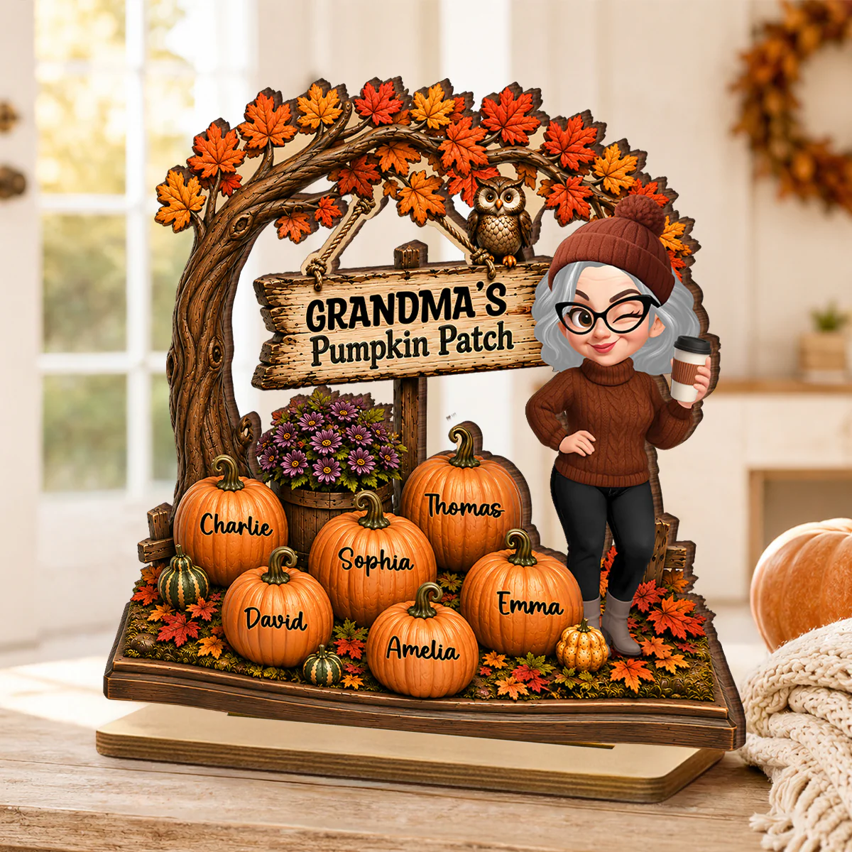 Grandma Grandkids Pumpkin Patch - Personalized 2-Layered Wooden Plaque - Fall Season Decor Gift, Gift For Grandma - Image 5