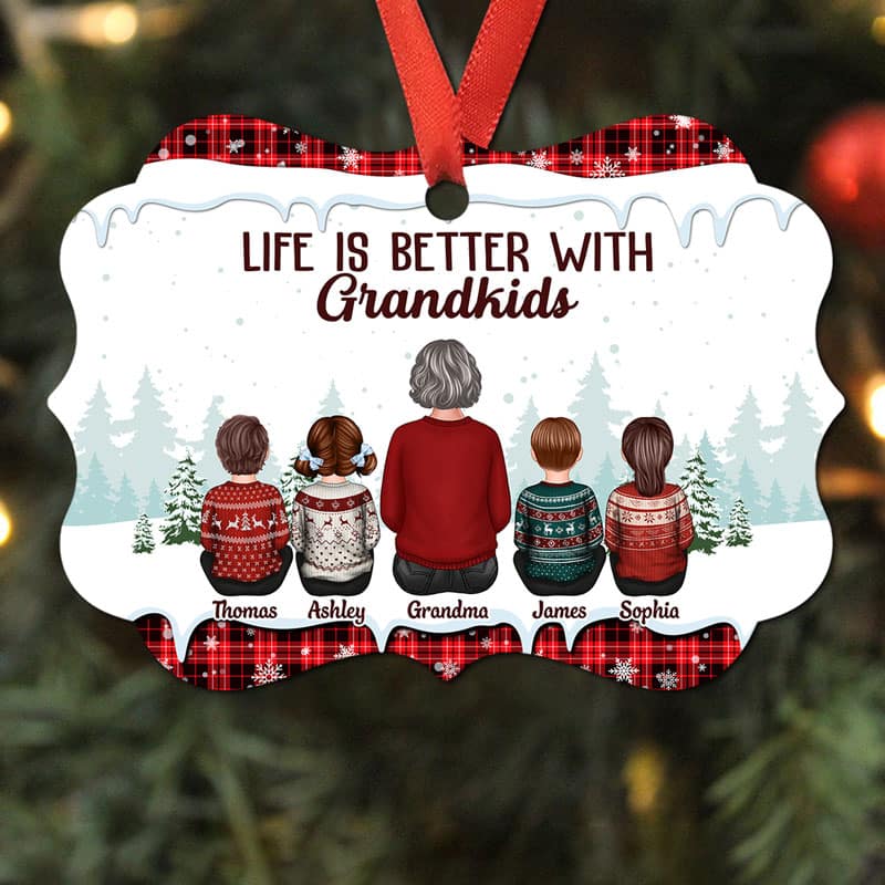 Grandma Grandkids Sitting Checkered Pattern Personalized Christmas Ornament - Image 2