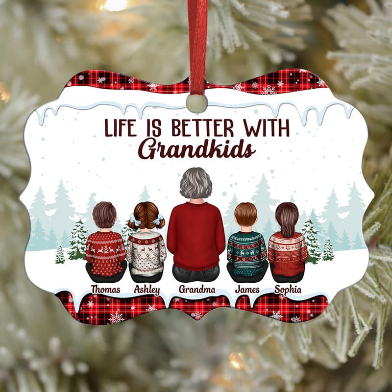 Grandma Grandkids Sitting Checkered Pattern Personalized Christmas Ornament - Image 3