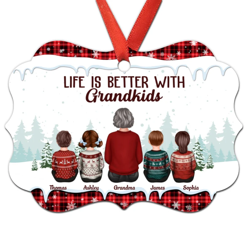 Grandma Grandkids Sitting Checkered Pattern Personalized Christmas Ornament - Image 4