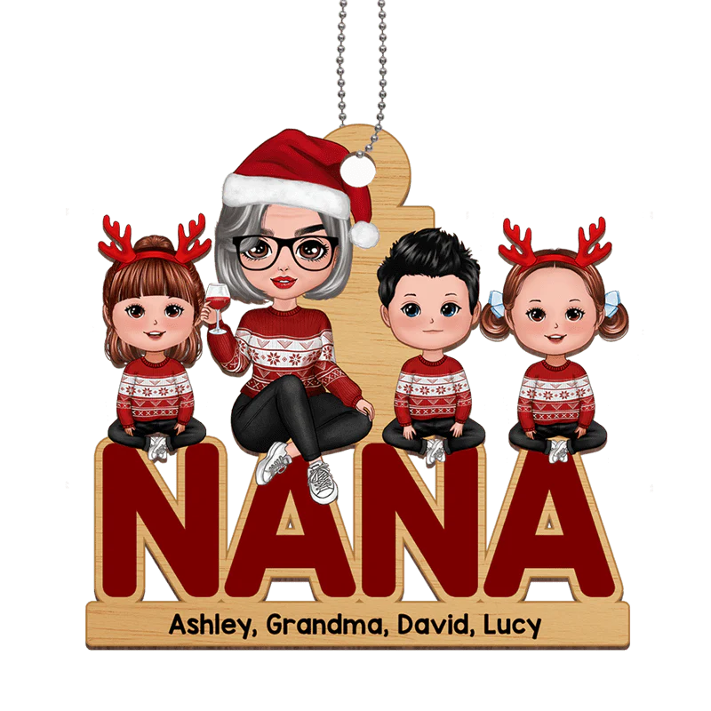Grandma & Grandkids Sitting Christmas Personalized Wooden Ornament