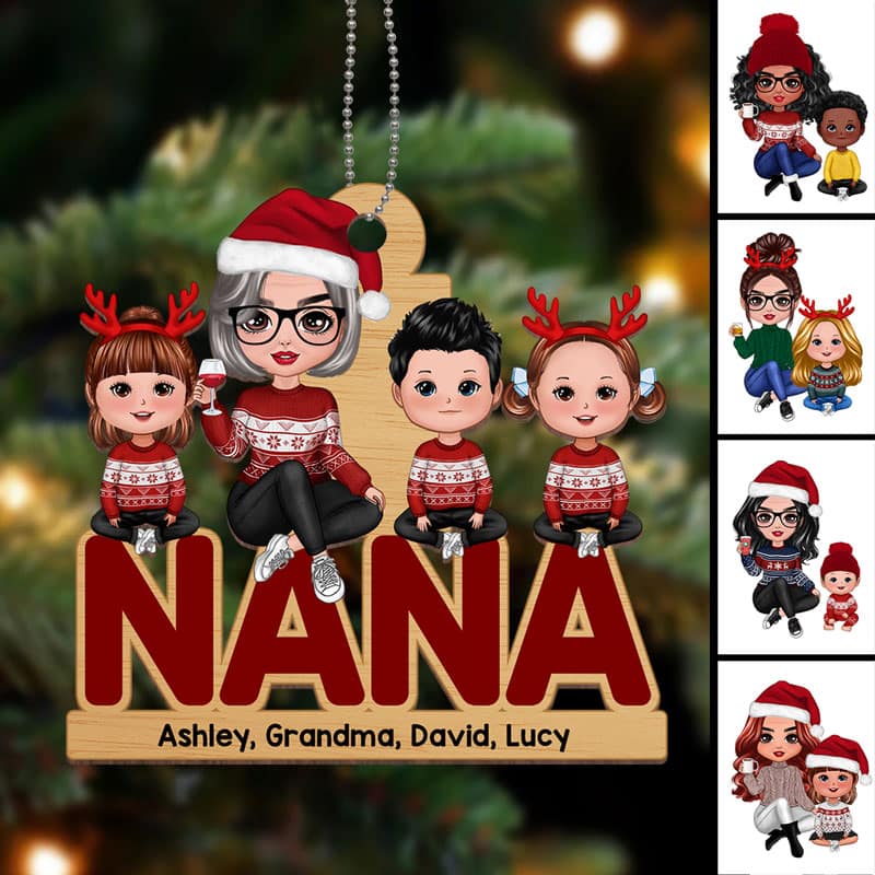 Grandma & Grandkids Sitting Christmas Personalized Wooden Ornament - Image 2