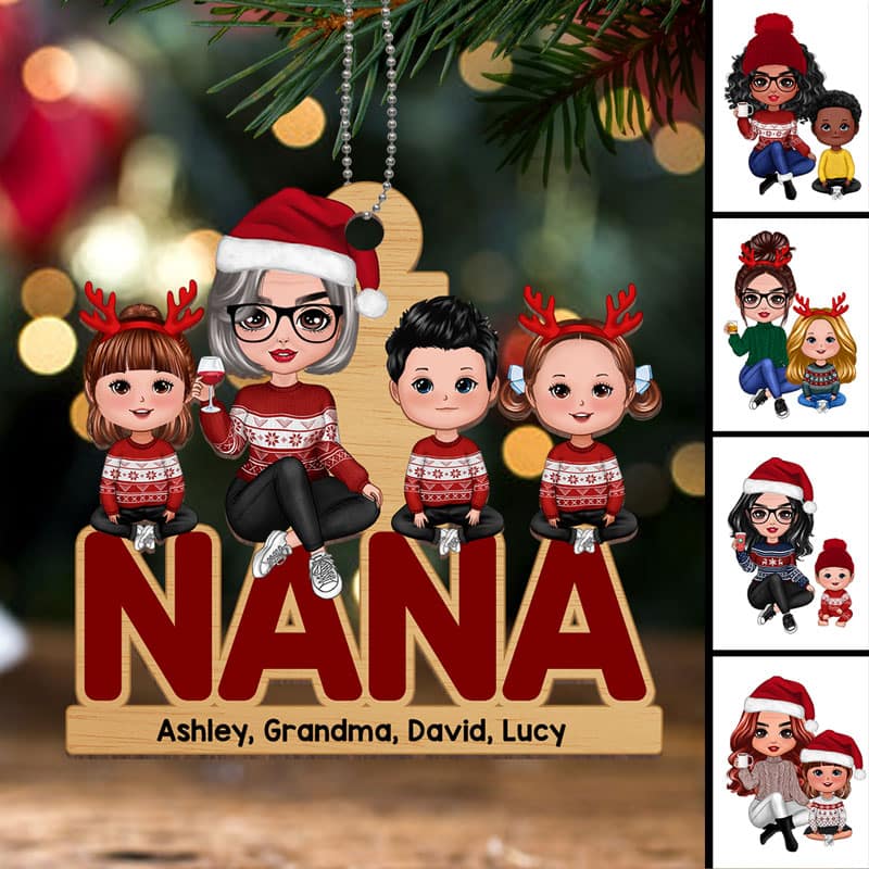Grandma & Grandkids Sitting Christmas Personalized Wooden Ornament - Image 3