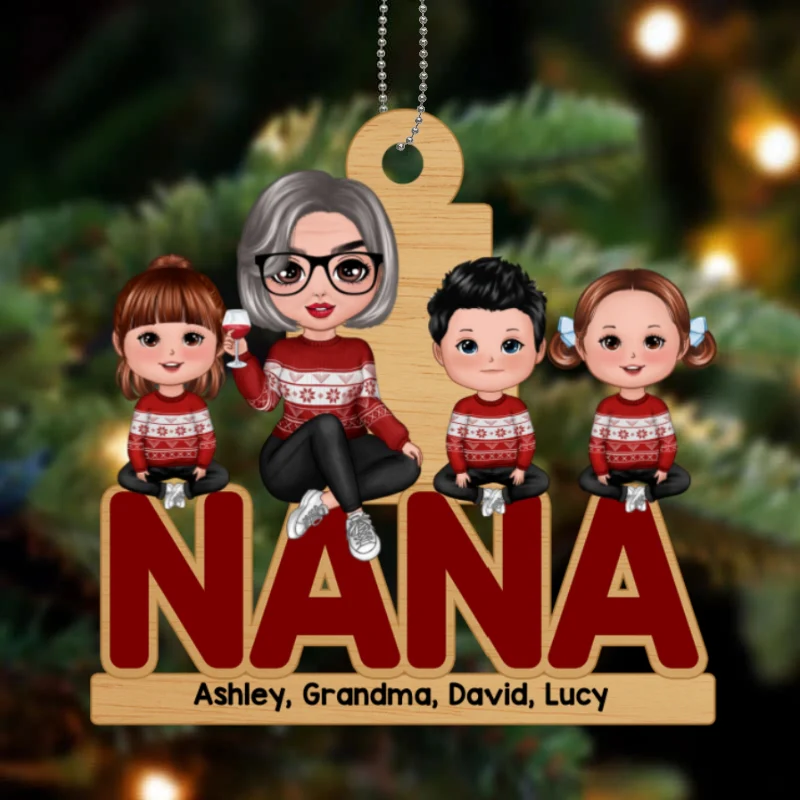 Grandma & Grandkids Sitting Christmas Personalized Wooden Ornament - Image 4