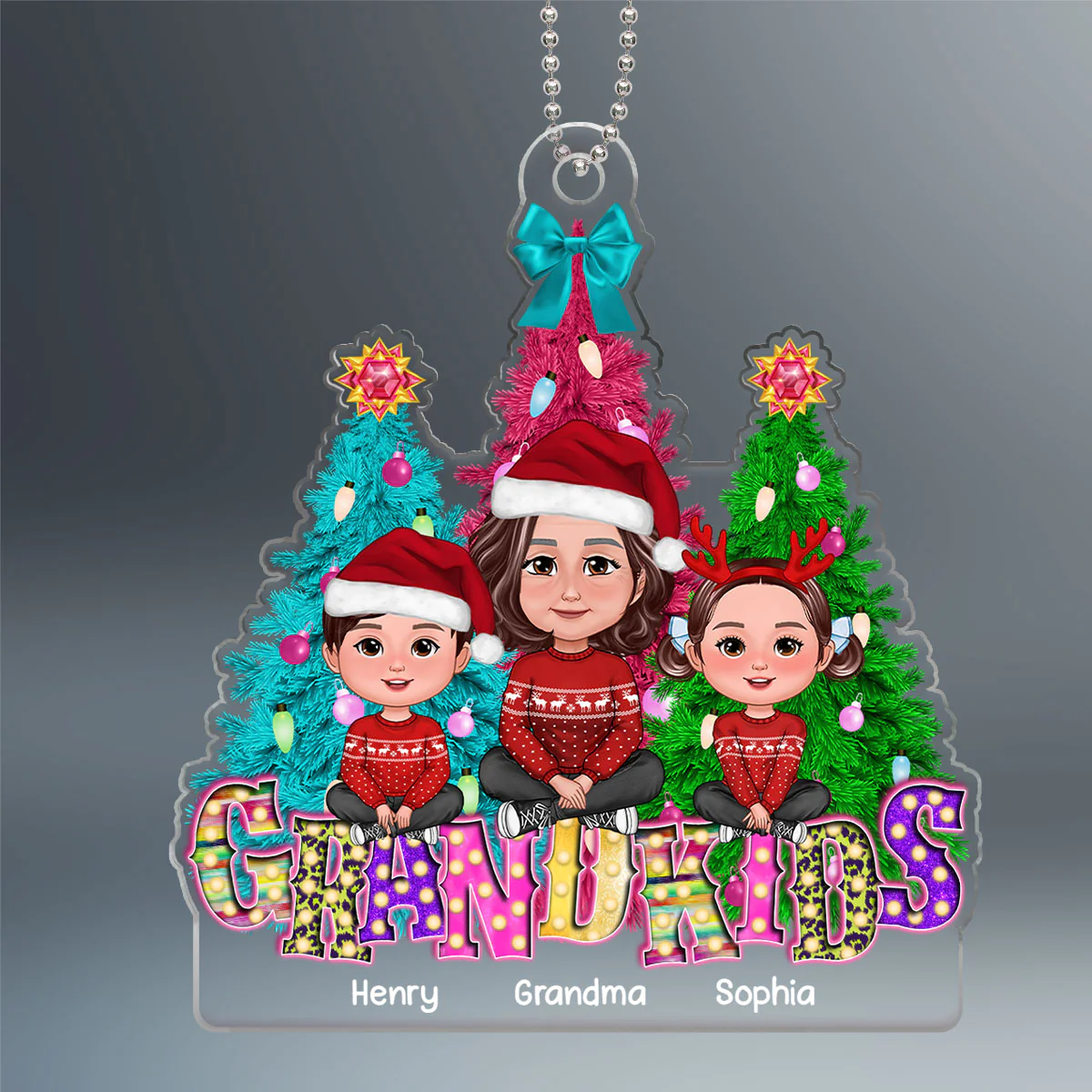 Grandma Grandkids Sitting Christmas Tree Marquee LED Personalized Acrylic Ornament - Image 2