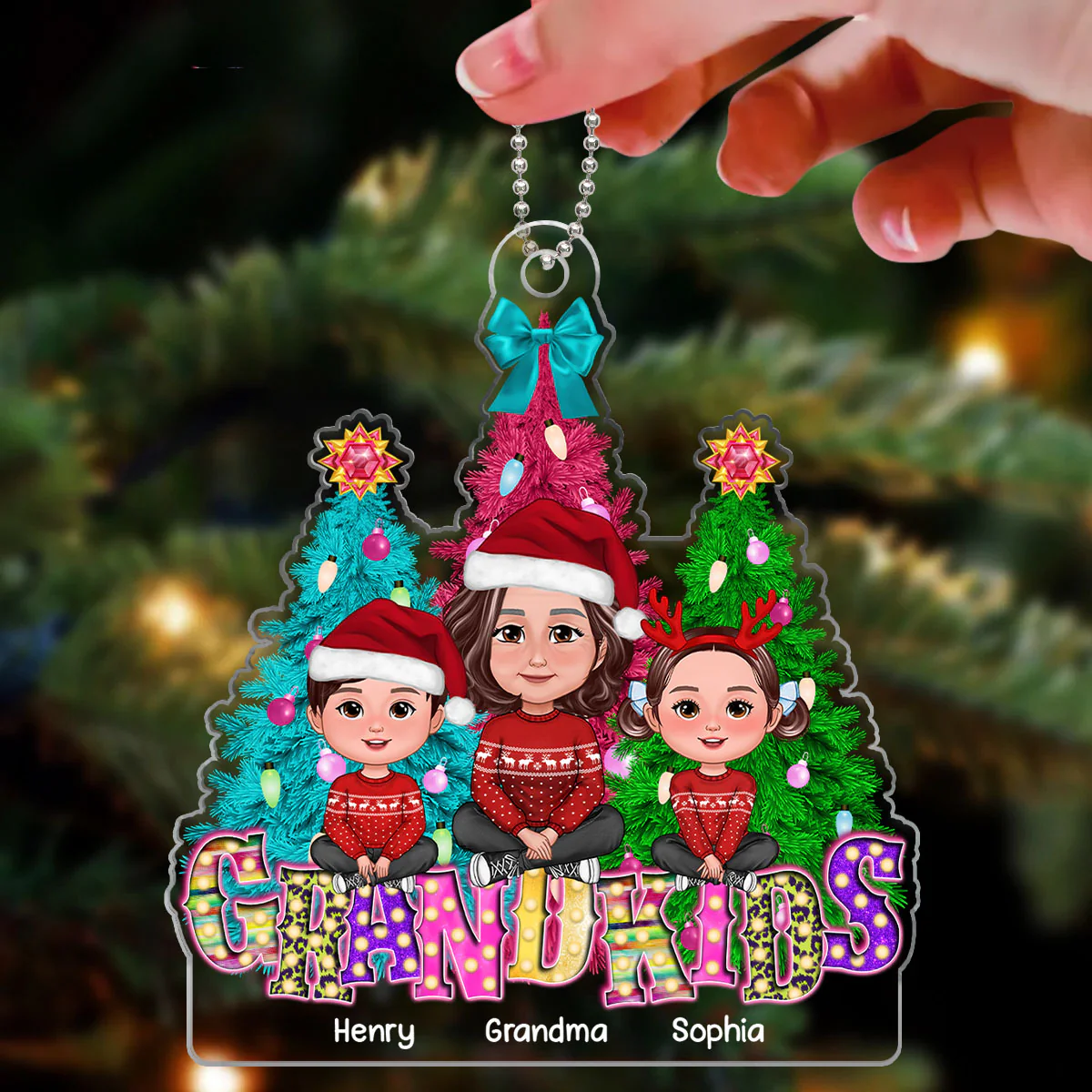 Grandma Grandkids Sitting Christmas Tree Marquee LED Personalized Acrylic Ornament - Image 3