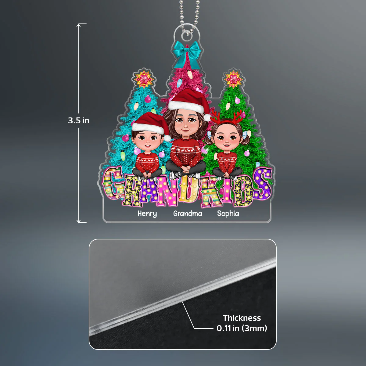 Grandma Grandkids Sitting Christmas Tree Marquee LED Personalized Acrylic Ornament - Image 4