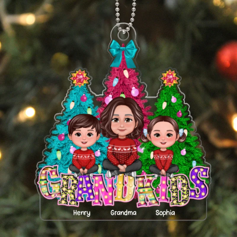 Grandma Grandkids Sitting Christmas Tree Marquee LED Personalized Acrylic Ornament - Image 5