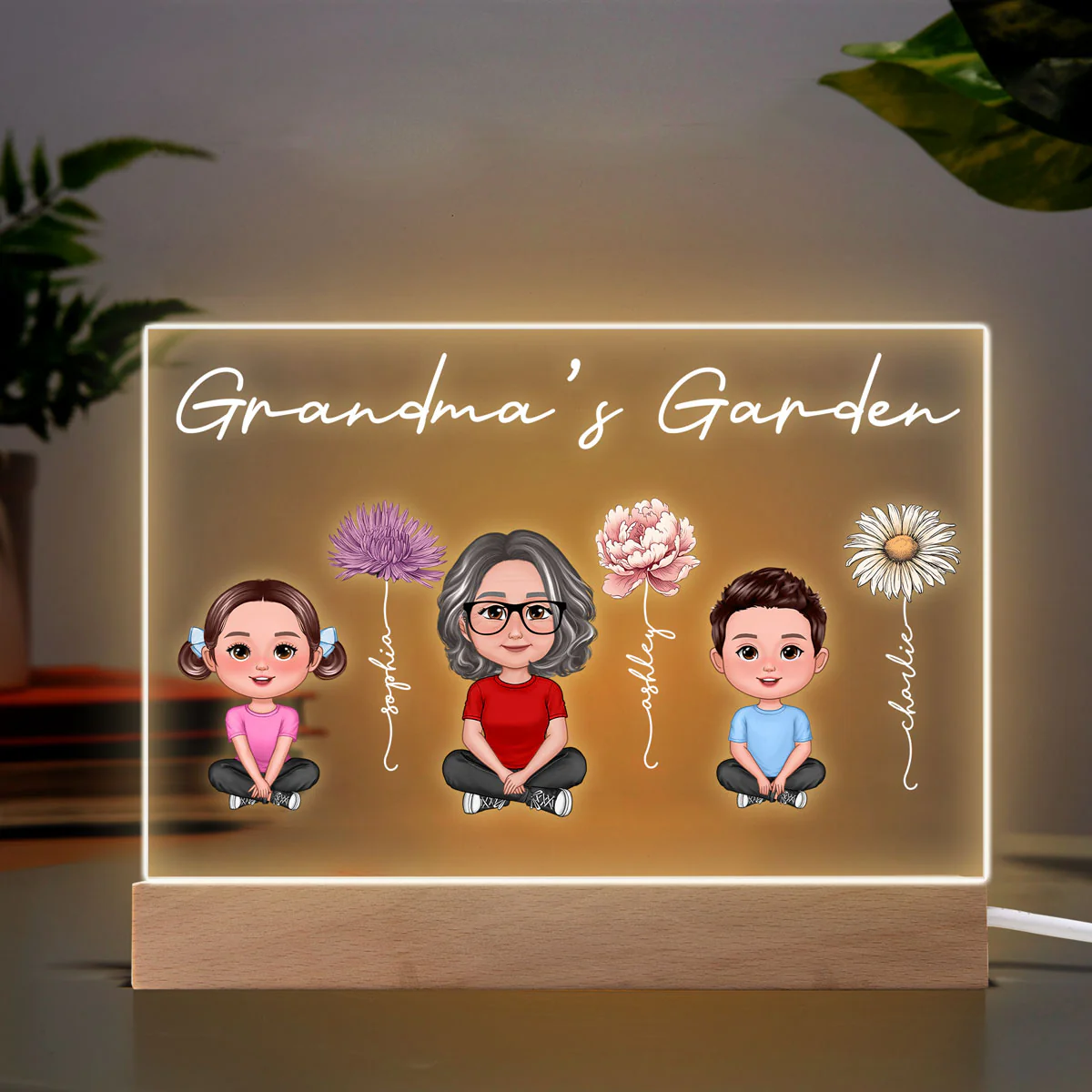 Grandma Grandkids Sitting Crossed Legs Birth Month Flowers Mother‘s Day Gift Personalized Warm Acrylic Plaque LED Night Light