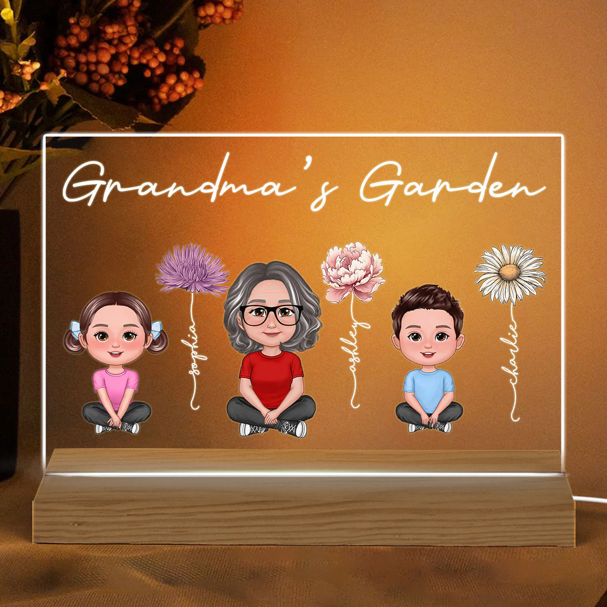 Grandma Grandkids Sitting Crossed Legs Birth Month Flowers Mother‘s Day Gift Personalized Warm Acrylic Plaque LED Night Light - Image 3