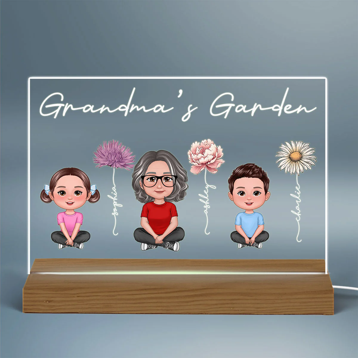Grandma Grandkids Sitting Crossed Legs Birth Month Flowers Mother‘s Day Gift Personalized Warm Acrylic Plaque LED Night Light - Image 4