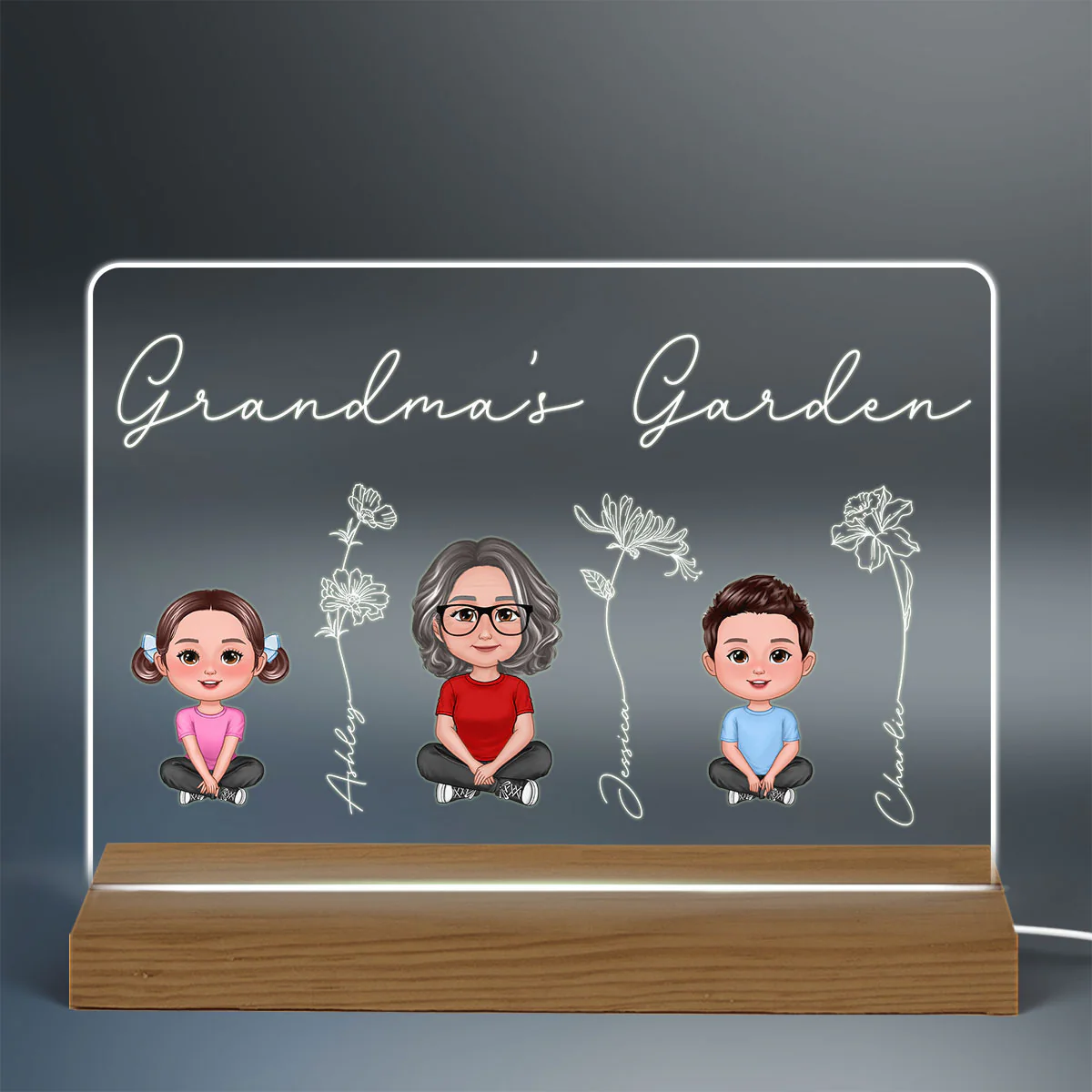 Grandma Grandkids Sitting Crossed Legs Outline Birth Month Flowers Mother‘s Day Gift Personalized Warm Acrylic Plaque LED Night Light - Image 3