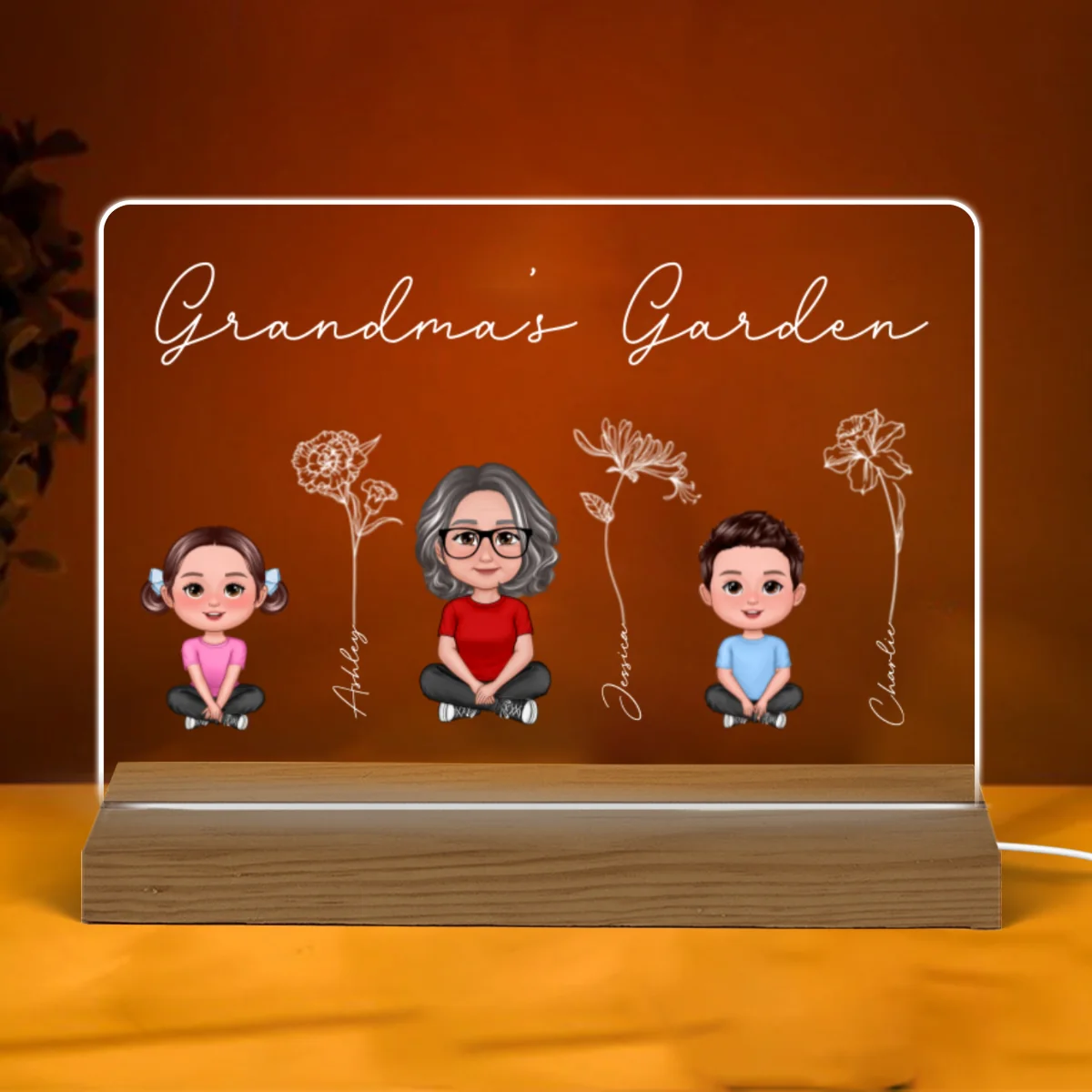 Grandma Grandkids Sitting Crossed Legs Outline Birth Month Flowers Mother‘s Day Gift Personalized Warm Acrylic Plaque LED Night Light - Image 5