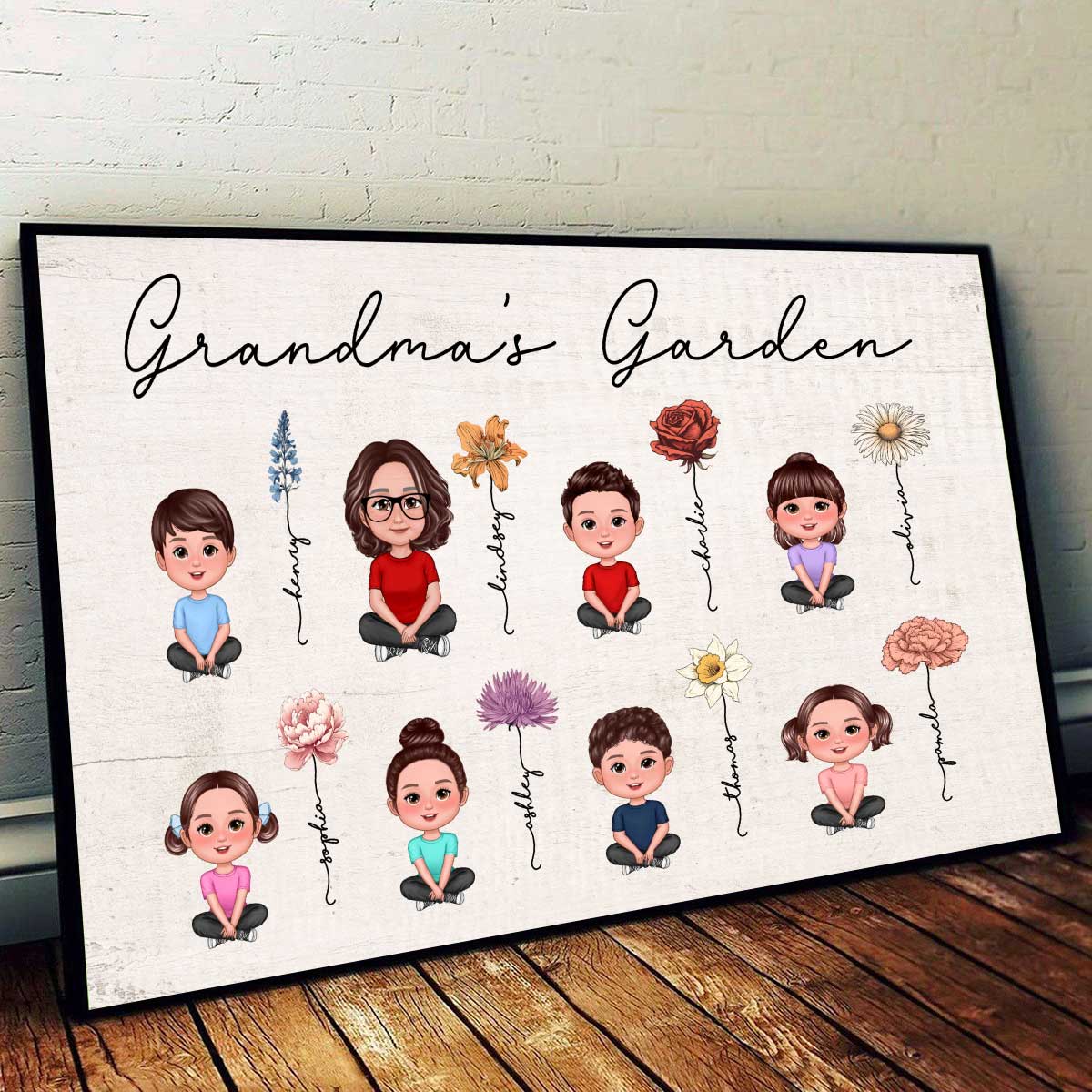 Grandma Grandkids Sitting Crossed Legs Garden Vintage Birth Month Flowers Mother‘s Day Gift Personalized Horizontal Poster - Image 2