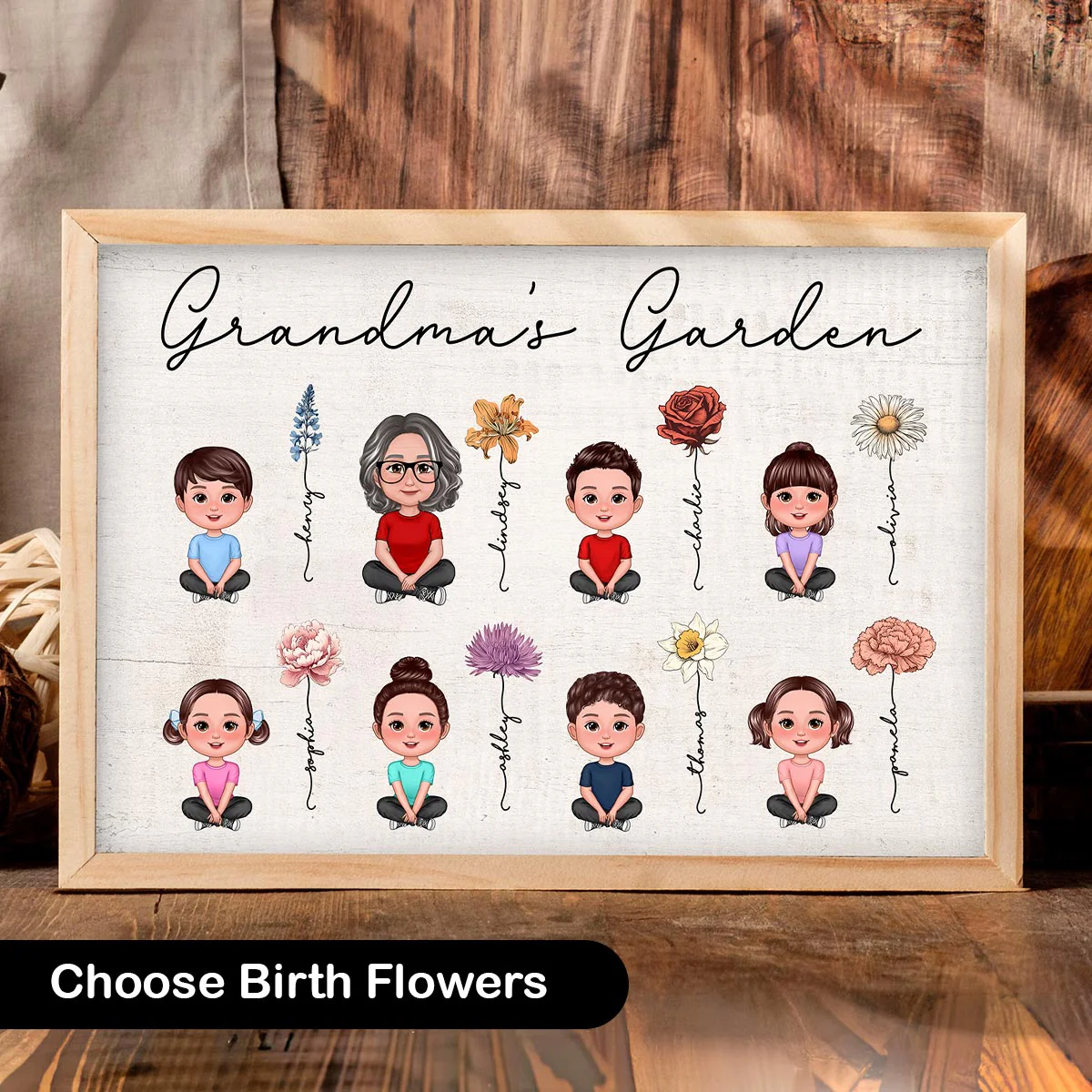 Grandma Grandkids Sitting Crossed Legs Garden Vintage Birth Month Flowers Mother‘s Day Gift Personalized Horizontal Poster - Image 4