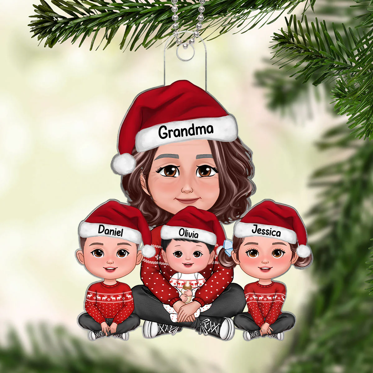 Grandma & Grandkids Sitting Crossed Legs Gift For Grandson Granddaughter Personalized Acrylic Ornament