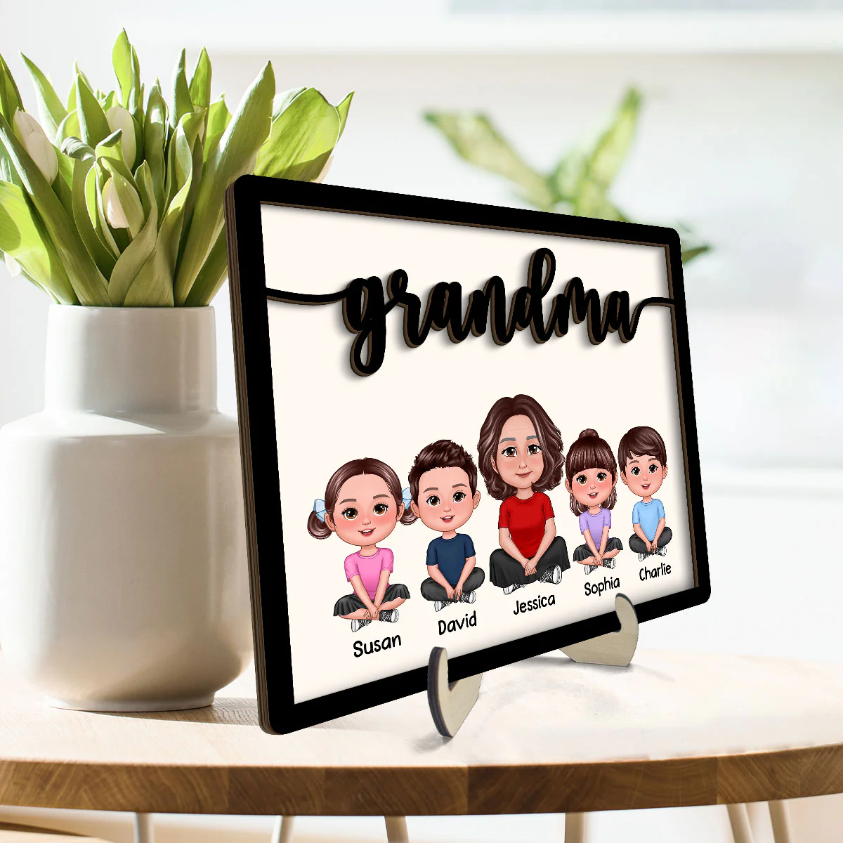 Grandma Grandkids Sitting Crossed Legs Personalized 2-layer Wooden Plaque - Image 3