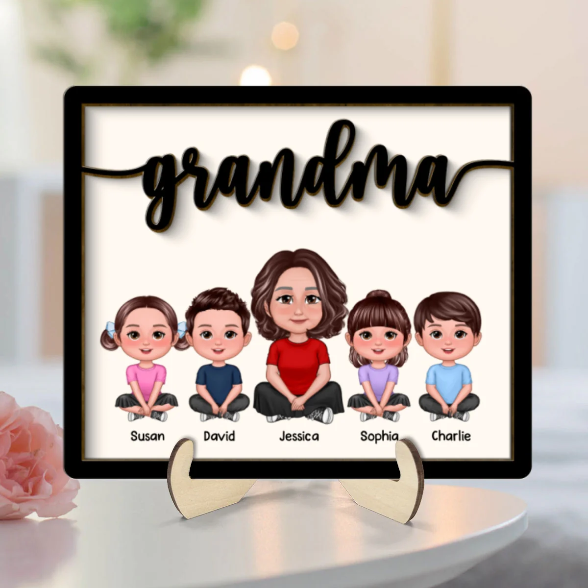 Grandma Grandkids Sitting Crossed Legs Personalized 2-layer Wooden Plaque - Image 8