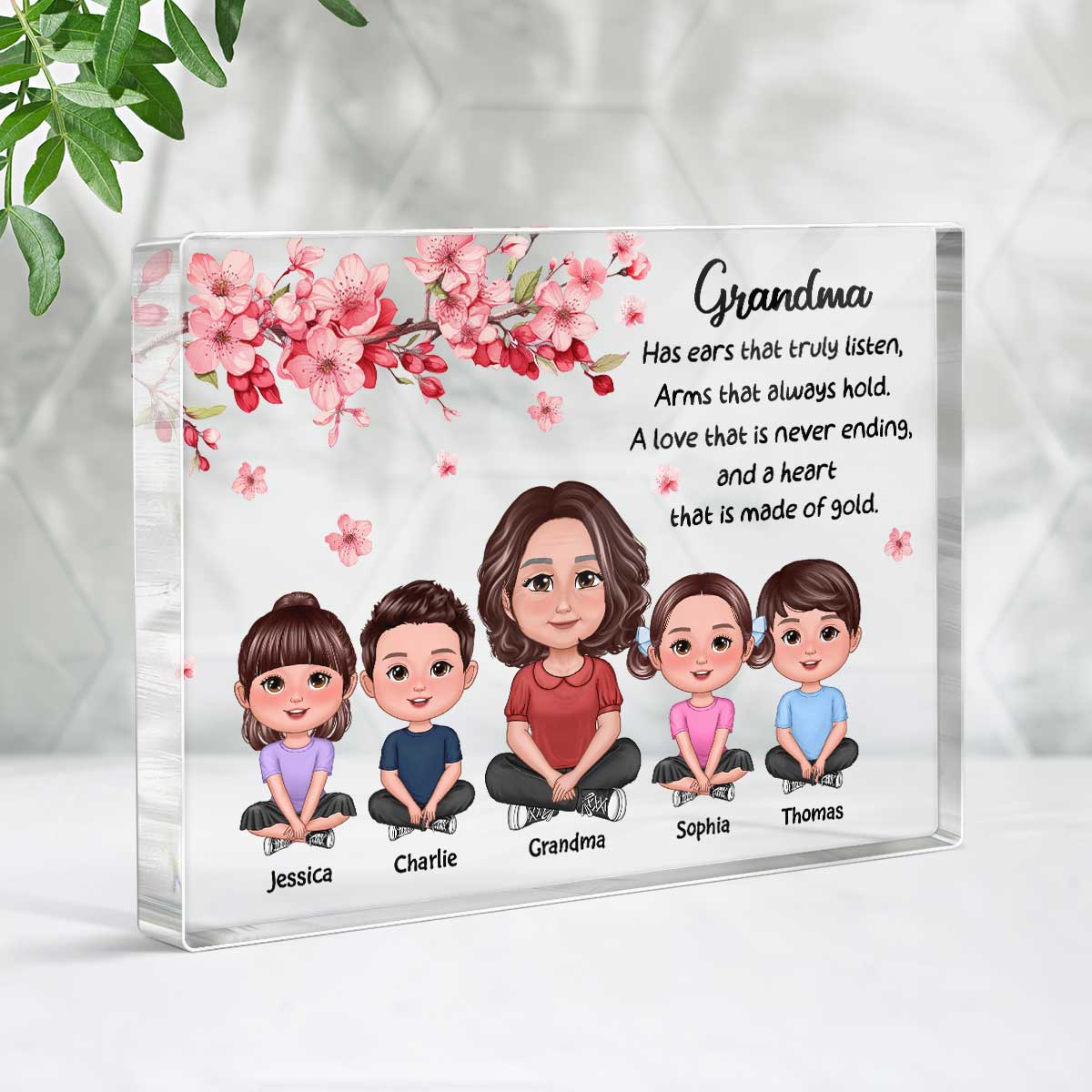 Grandma Grandkids Sitting Crossed Legs Under Flowers Gift For Grandma Personalized Acrylic Rectangle Plaque - Image 3