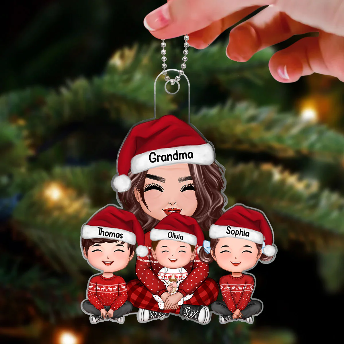 Grandma & Grandkids Sitting Happy Face Crossed Legs Personalized Acrylic Ornament - Image 3