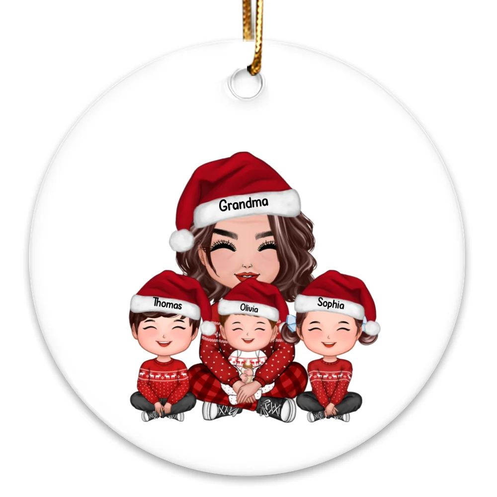 Grandma & Grandkids Sitting Happy Face Crossed Legs Personalized Circle Ornament