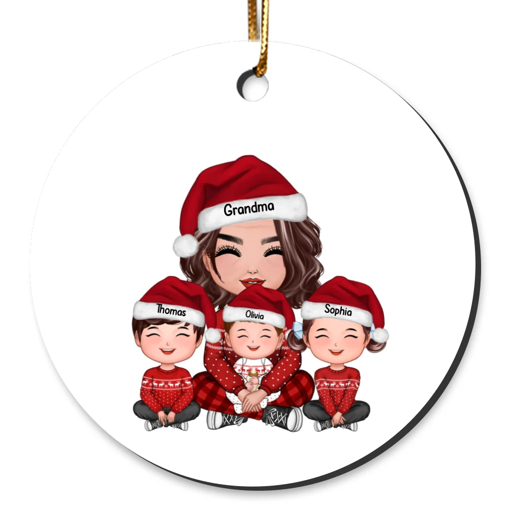 Grandma & Grandkids Sitting Happy Face Crossed Legs Personalized Circle Ornament - Image 2