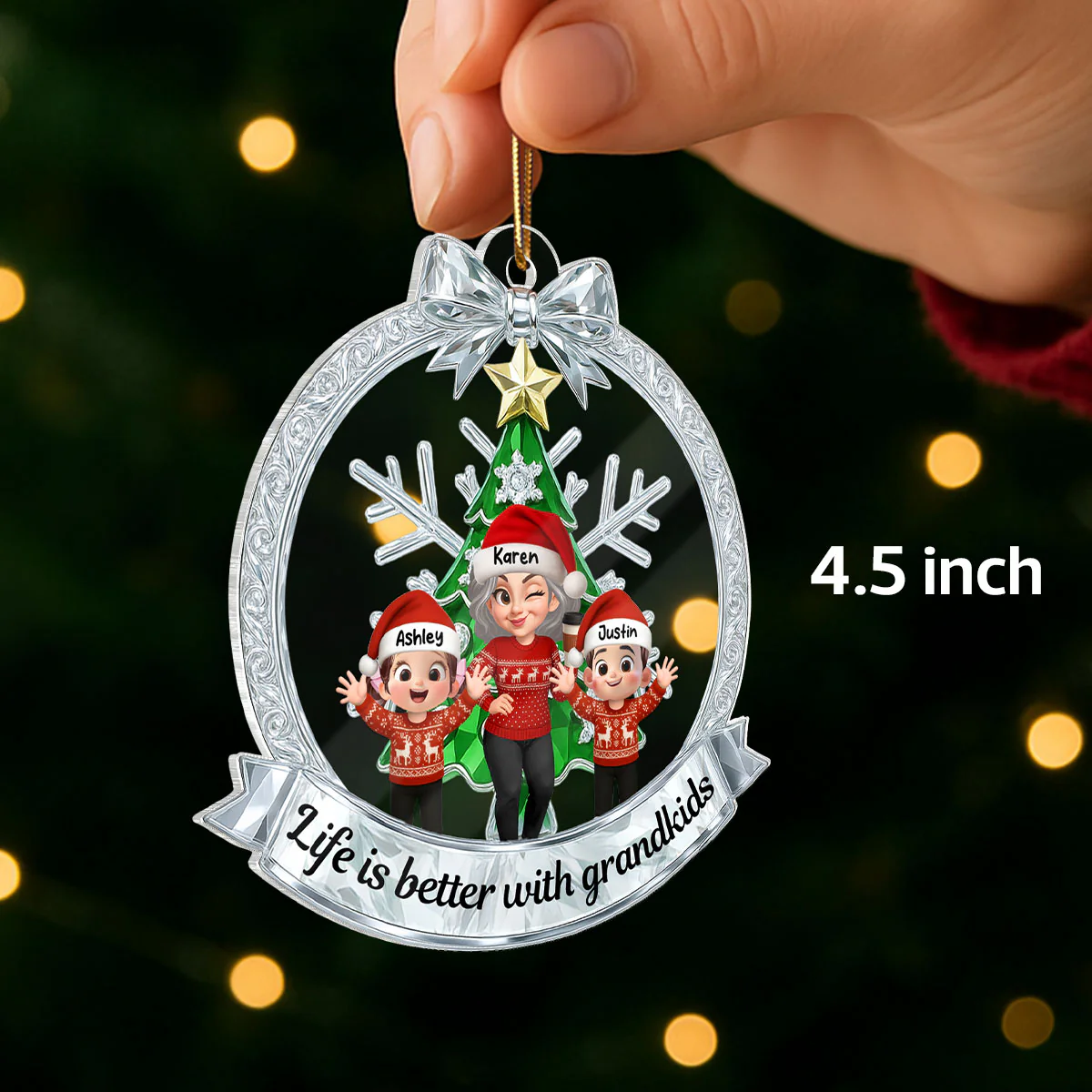 Grandma Grandkids Sitting on Christmas Wreath Metallic Effect - Personalized Acrylic Ornament - Christmas Gift for Grandma - Image 2