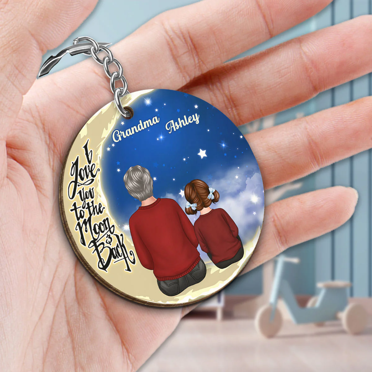 Grandma Grandkids Sitting On Moon Personalized Wooden Keychain - Image 2