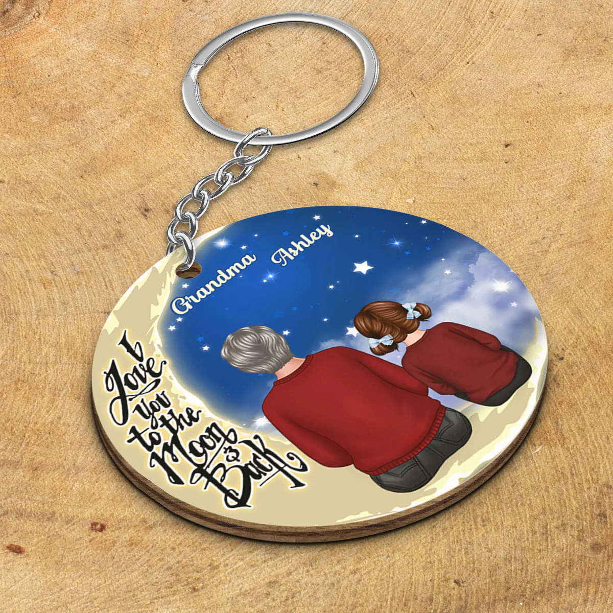 Grandma Grandkids Sitting On Moon Personalized Wooden Keychain - Image 3