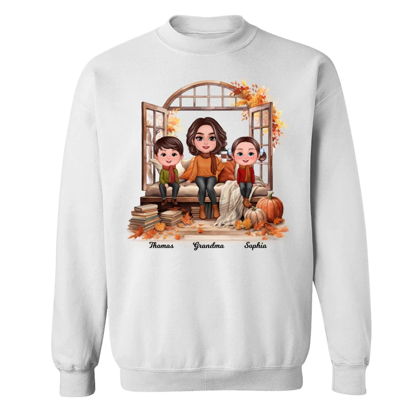 Grandma Grandkids Sitting On Sofa Cozy Fall Window Personalized Shirt - Image 17