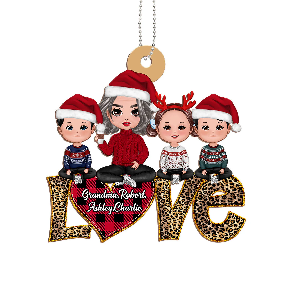 Grandma Grandkids Sitting On Text Love Leopard Personalized Wooden Ornament