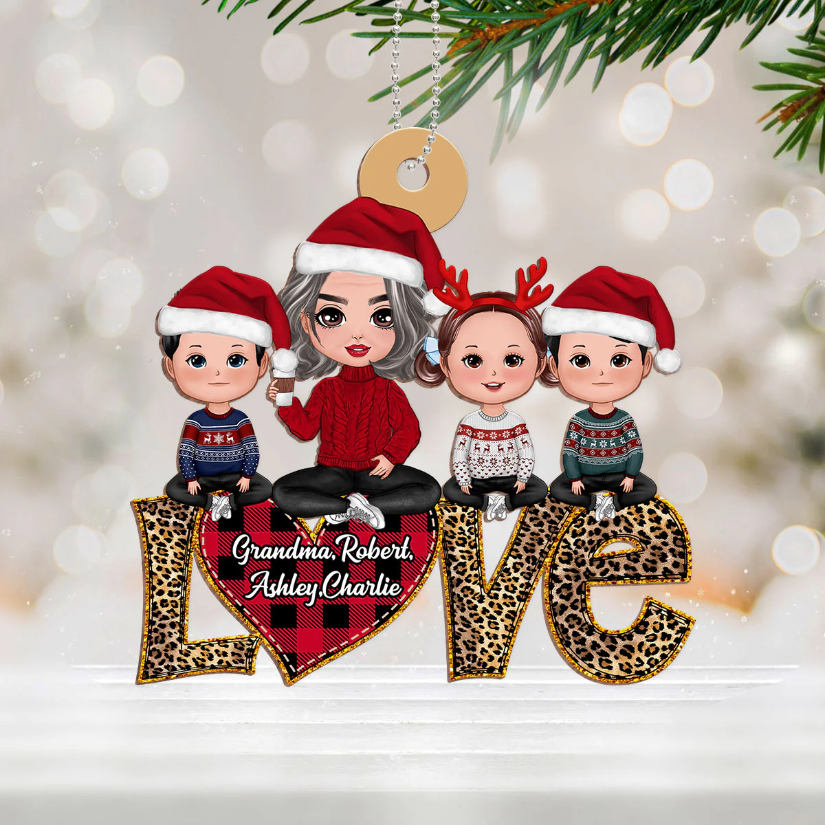 Grandma Grandkids Sitting On Text Love Leopard Personalized Wooden Ornament - Image 2
