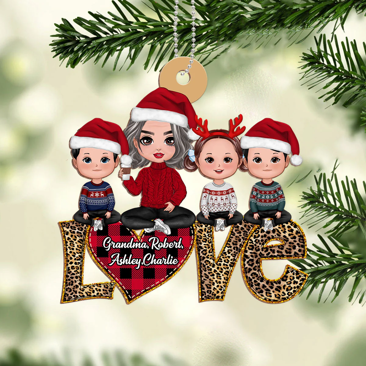 Grandma Grandkids Sitting On Text Love Leopard Personalized Wooden Ornament - Image 3