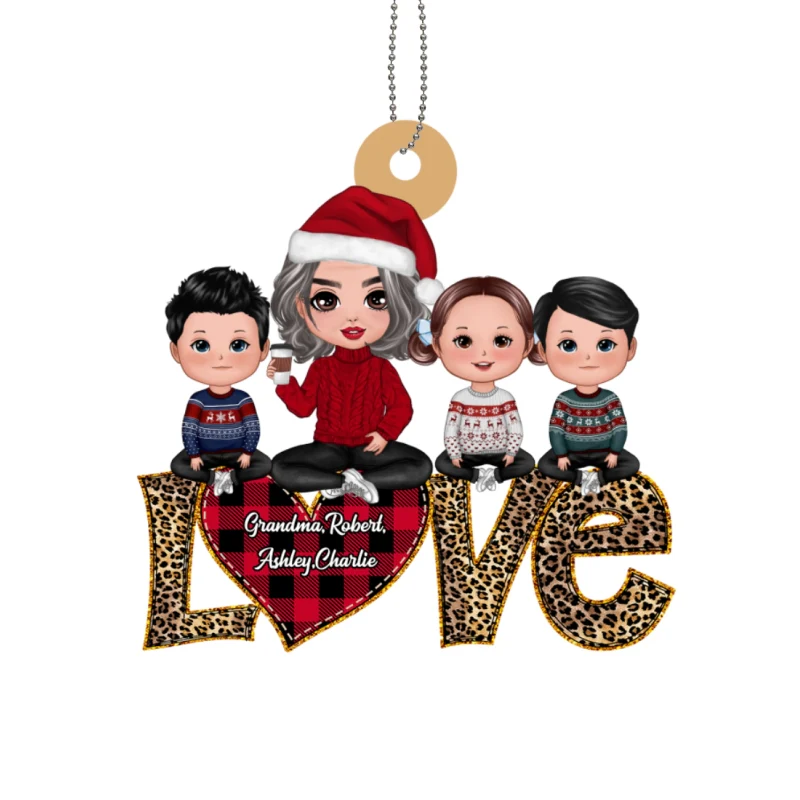 Grandma Grandkids Sitting On Text Love Leopard Personalized Wooden Ornament - Image 4