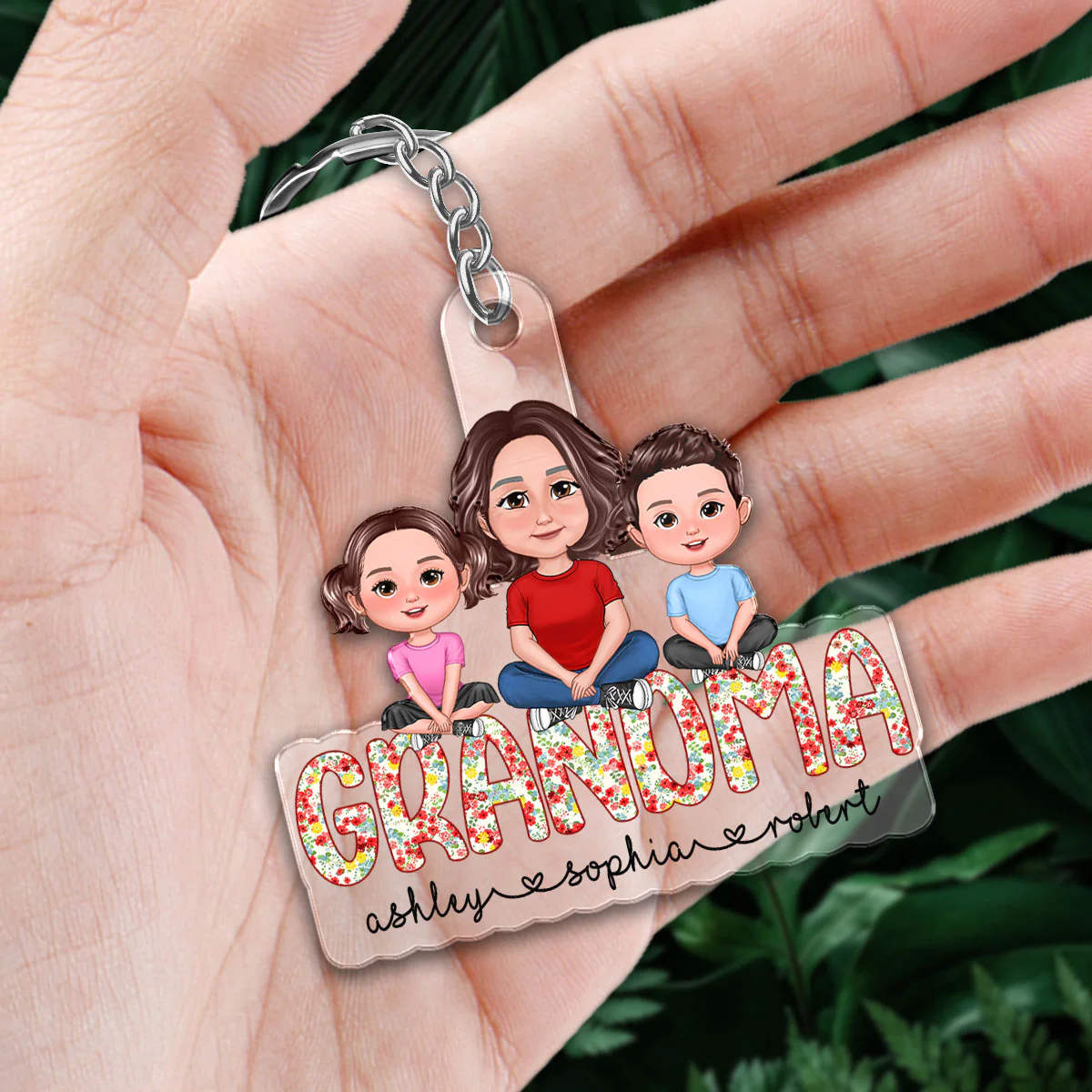 Grandma Grandkids Sitting On Text Personalized Acrylic Keychain - Image 2