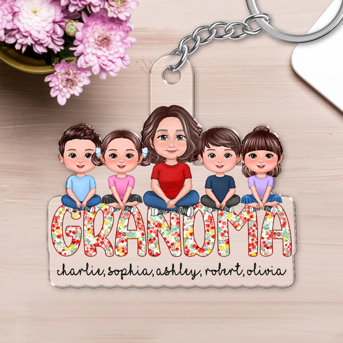 Grandma Grandkids Sitting On Text Personalized Acrylic Keychain - Image 4